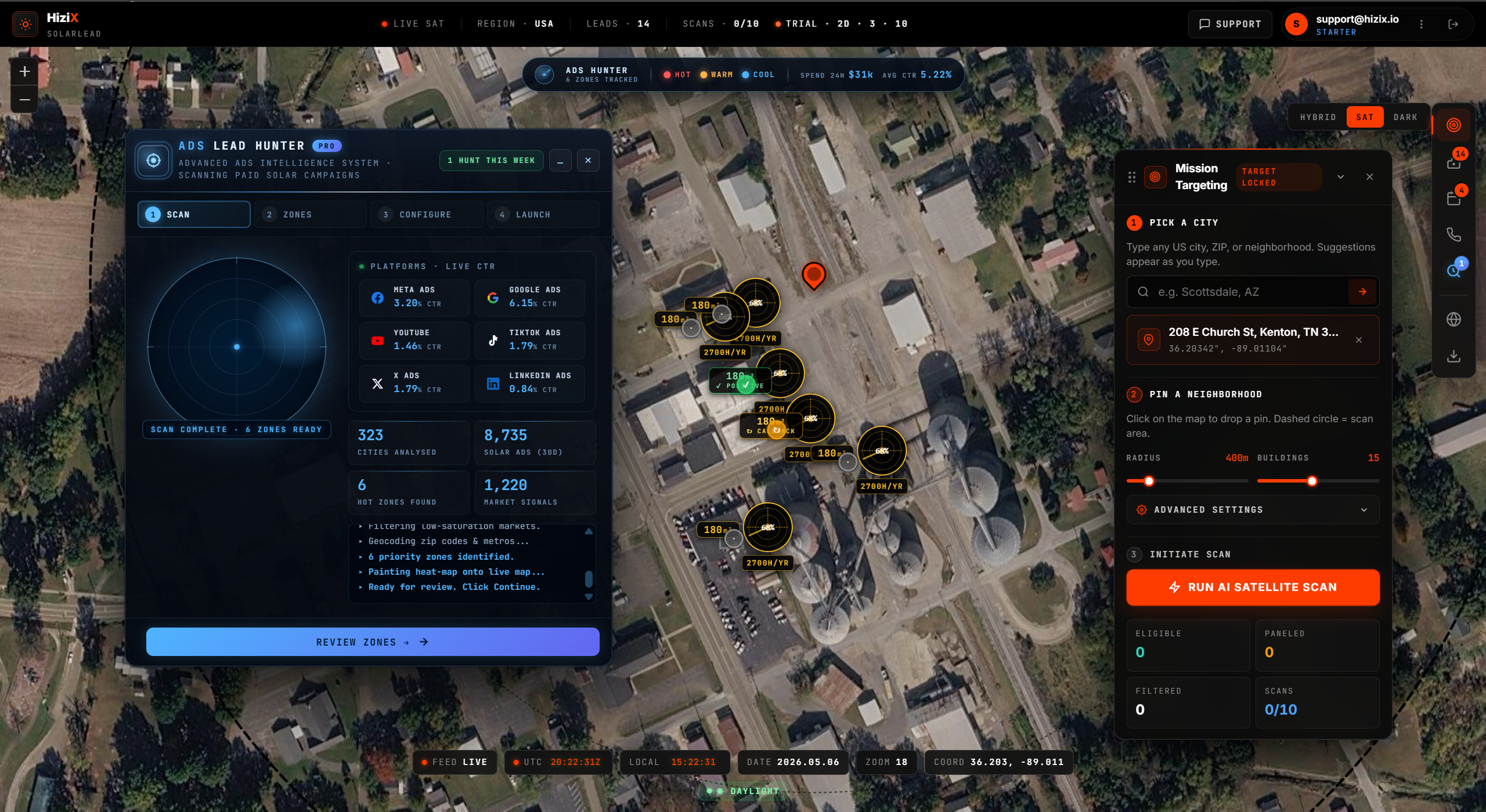 HiziX satellite scan interface with trial usage indicator and target lock