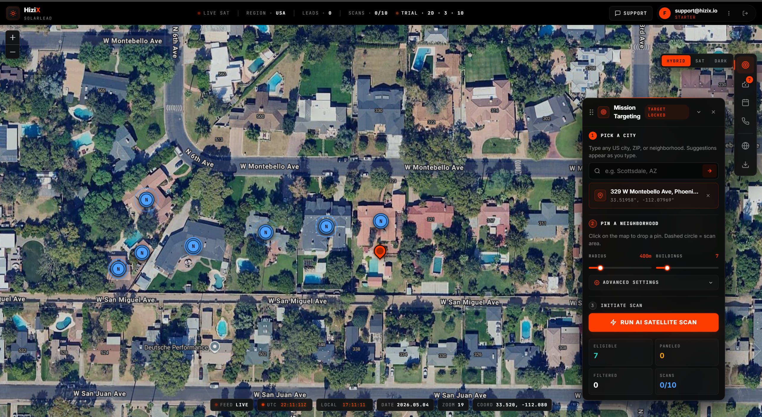 HiziX dashboard — Mission Targeting panel with neighborhood markers identifying solar-ready homes