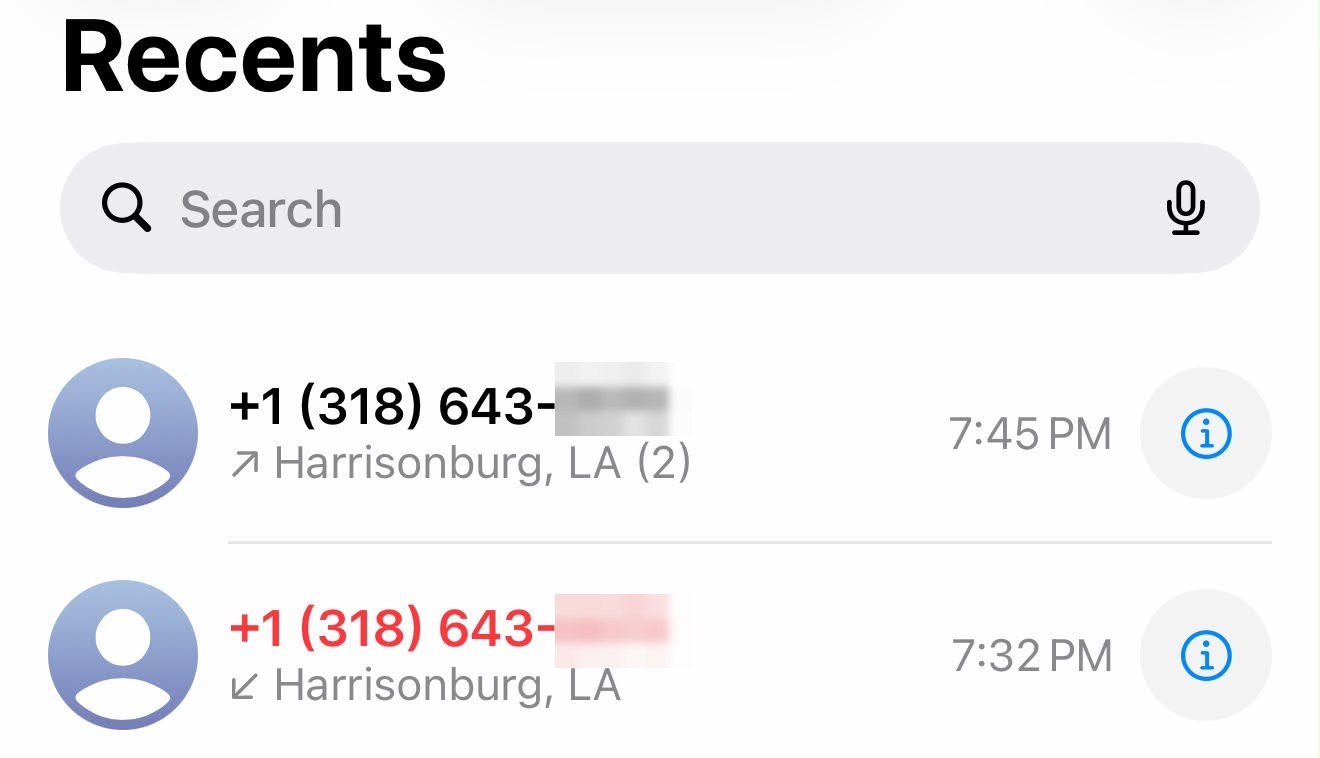 Real outbound call from a HiziX-provisioned number in the phone's recents list, with no Spam Likely label
