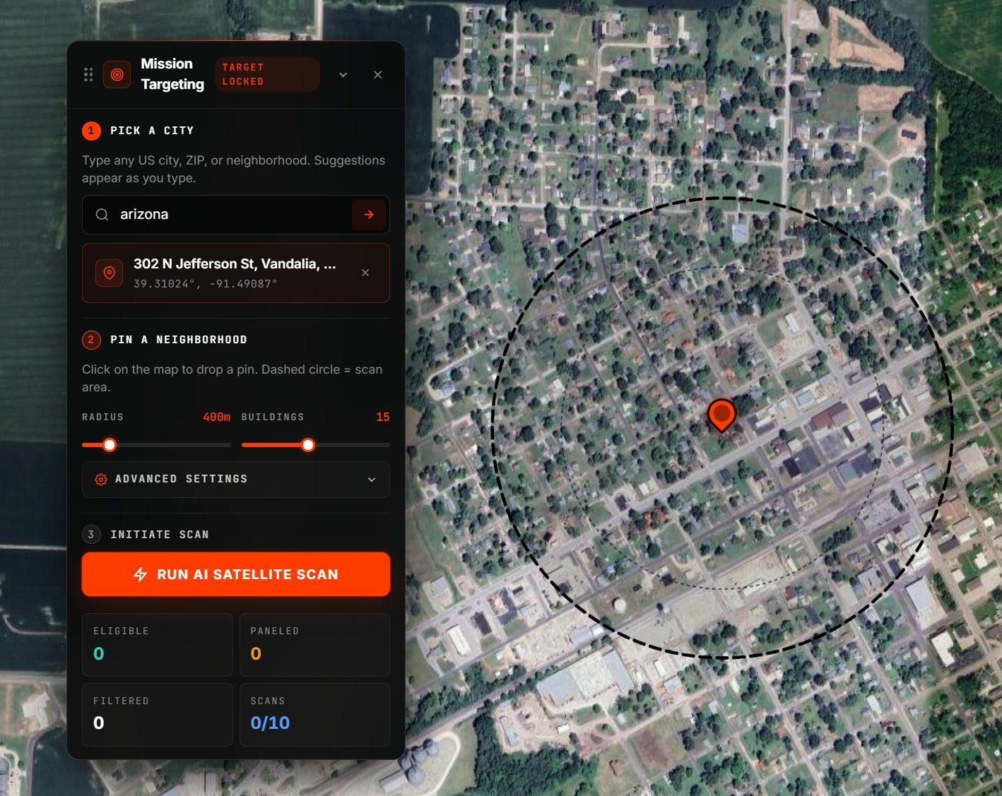 HiziX Mission Targeting panel — pick a city, drop a pin, set radius and run AI satellite scan over a chosen US neighborhood